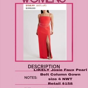 Likely Josie Faux Pearl Belt Column Gown With Pearl Detail NWT